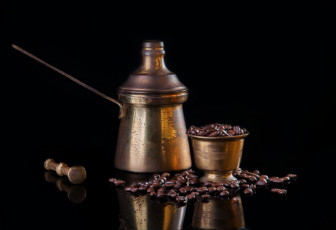 Картинка еда кофе +кофейные+зёрна ступка турка зерна