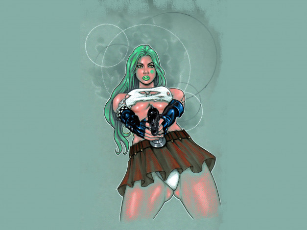 Обои картинки фото рисованное, люди, пистолет, девушка, фон, взгляд