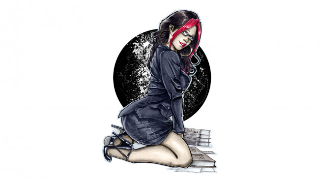 Обои картинки фото рисованное, комиксы, взгляд, фон, девушка, книга, очки