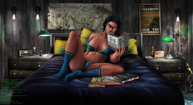 Обои картинки фото видео игры, fallout, журнал, кровать, фон, девушка