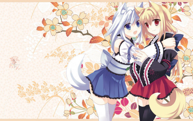 Обои картинки фото аниме, животные,  существа, фон, взгляд, девушки