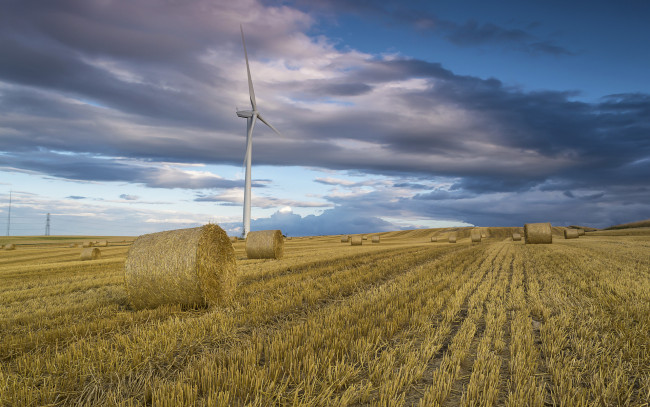 Обои картинки фото природа, поля, поле, тучи, ветряки, сено