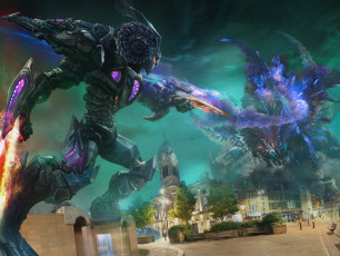 Картинка фэнтези роботы +киборги +механизмы jaeger pacific rim битва ночь kaiju город art