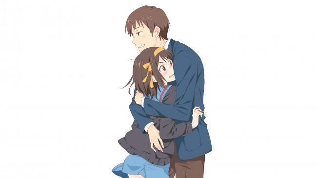 Обои картинки фото аниме, the melancholy of haruhi suzumiya, девушка, взгляд, фон