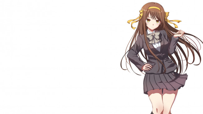 Обои картинки фото аниме, the melancholy of haruhi suzumiya, девушка, взгляд, фон