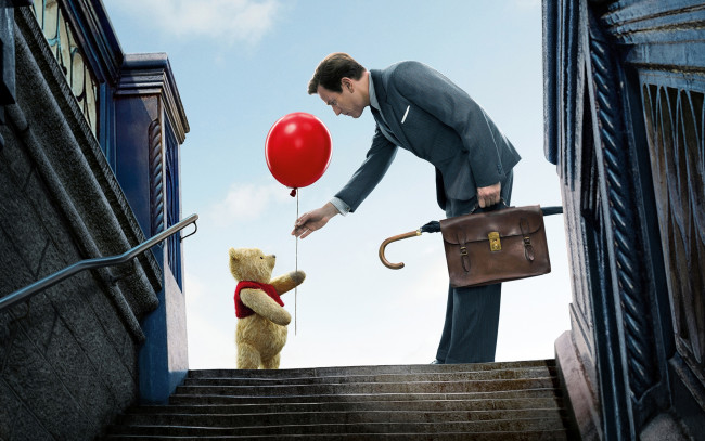 Обои картинки фото кино фильмы, -unknown , другое, ступени, красный, зонтик, ewan, mcgregor, winnie, the, pooh, кристофер, робин, christopher, robin, плюшевый, костюм, жилетка, мультфильм, портфель, лестница, юэн, макгрегор, медвежонок, мишка, винни, воздушный, шарик