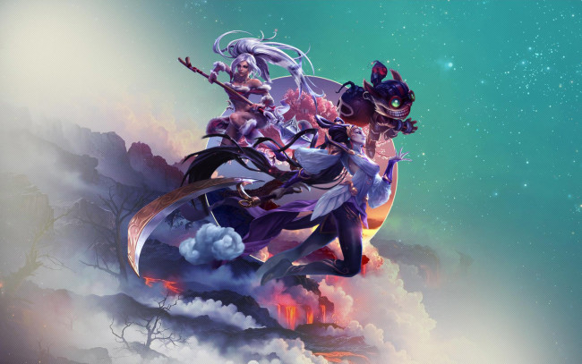 Обои картинки фото видео игры, league of legends, лава, скалы, существо, девушки