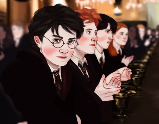 Обои картинки фото рисованное, кино,  мультфильмы, гарри, поттер, мантия, ученики, стол, гриффиндор, кубки