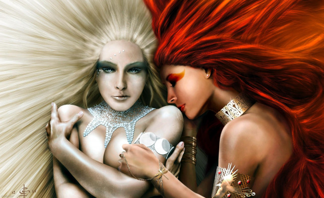 Обои картинки фото фэнтези, девушки, лед, огонь