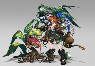 Картинка аниме животные +существа девушка растения лейка