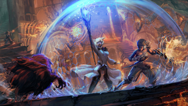 Обои картинки фото аниме, магия,  колдовство,  halloween, девушки, фон, существо