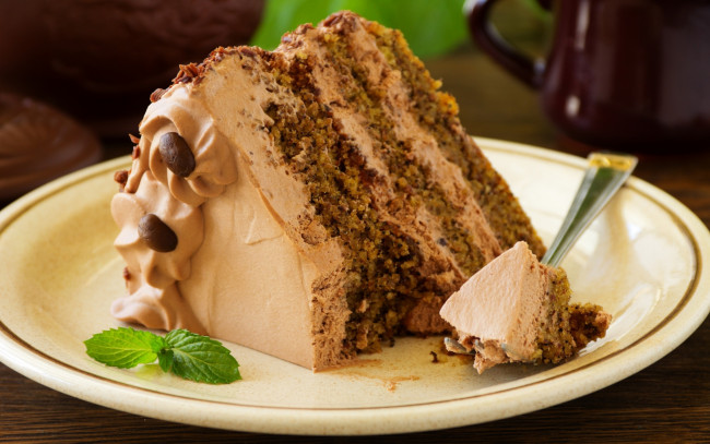 Обои картинки фото еда, торты, торт, кусок, ложка, тарелка, мята