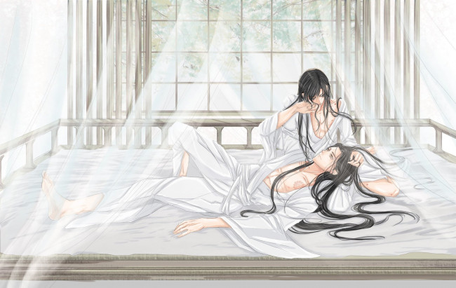 Обои картинки фото аниме, mo dao zu shi, вэй, усянь, лань, ванцзи, постель
