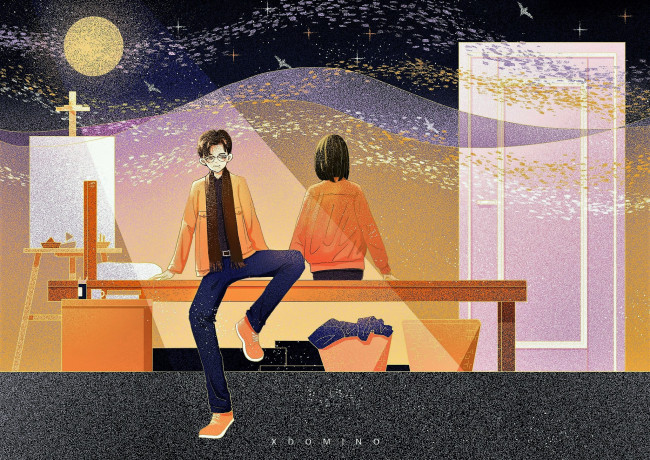 Обои картинки фото рисованное, кино,  мультфильмы, парень, девушка, кровать, мольберт, дверь