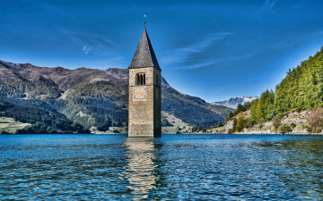 Картинка reschensee south+tyrol italy города -+католические+соборы +костелы +аббатства south tyrol