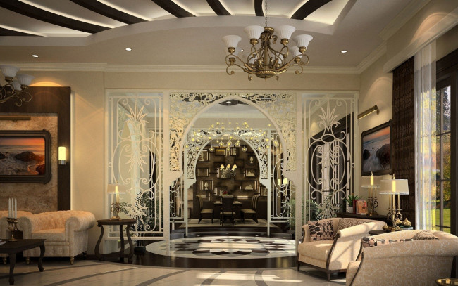 Обои картинки фото интерьер, гостиная, кресла, люстра, подсвечники