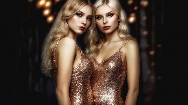 Обои картинки фото нейросеть, рисованное, живопись, взгляд, девушка, поза, темный, фон, девушки, праздник, портрет, макияж, арт, блондинки, две, красотки, сестры, длинные, волосы, подруги, боке, двойняшки, цифровая, цифровое, искусство, диджитал, блестящие, платья