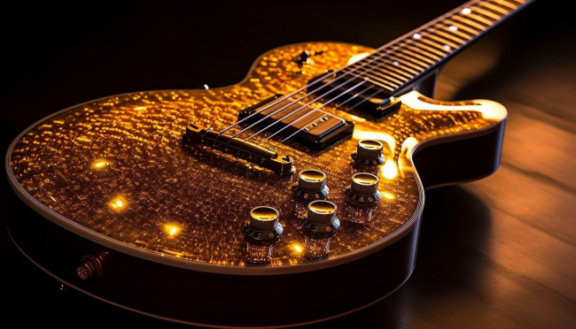 Обои картинки фото нейросеть, музыка, -музыкальные инструменты, свет, крупный, план, огни, гитара, струны, позолота, электрогитара, музыкальный, инструмент, цифровое, искусство, ии-арт, искусственного, интеллекта