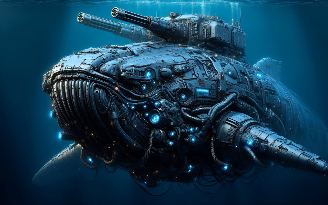 Обои картинки фото фэнтези, роботы,  киборги,  механизмы, кит, киборг, броня, оружие, море