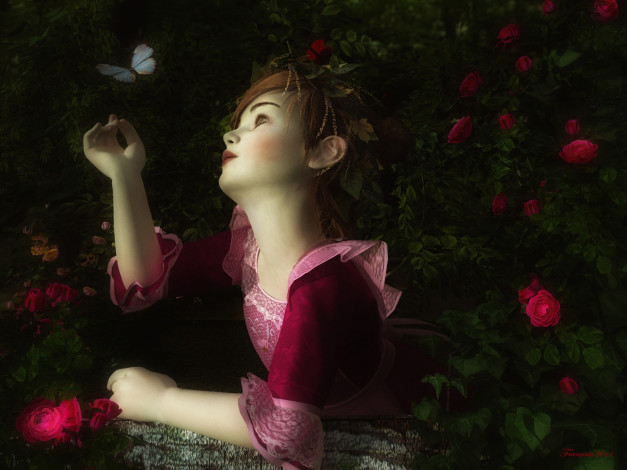 Обои картинки фото 3д, графика, people, люди, розы, бабочка, девушка