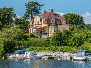 Картинка швеция стокгольм nacka города дома река берег лодки катера