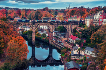 Картинка knaresborough england города мосты мост англия нерсборо river nidd отражение поезд осень
