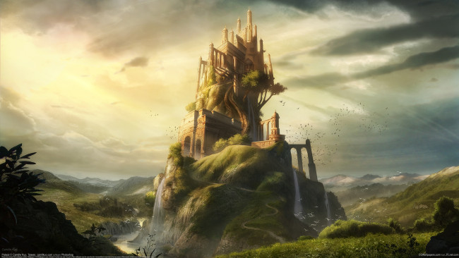 Обои картинки фото camille, kuo, фэнтези, замки, гора, водопады, пейзаж