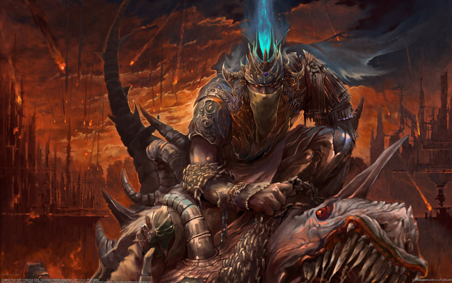 Обои картинки фото henryca, citra, фэнтези, люди, динозавр, всадник, ад
