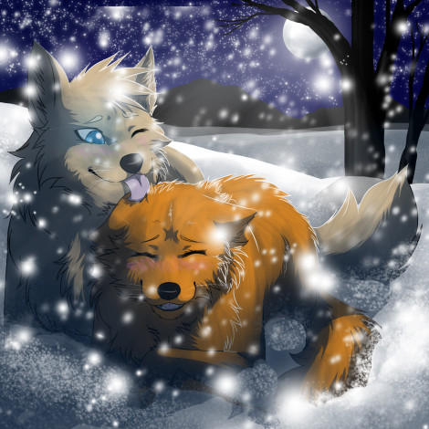 Обои картинки фото рисованные, животные,  собаки, двое, снег, звери