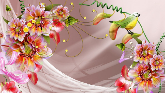Обои картинки фото разное, компьютерный дизайн, птичка, цветы