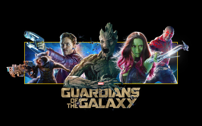 Обои картинки фото кино фильмы, guardians of the galaxy, gamora, zoe, saldana, стражи, галактики, star-lord, guardians, of, the, galaxy, peter, quill, chris, pratt, dave, bautista, drax, destroyer, vin, diesel, groot, bradley, cooper, rocket, raccoon