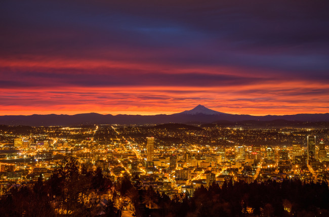 Обои картинки фото города, портленд , сша, утро, огни, портленд, орегон, заря, восход