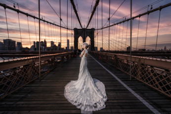 Картинка девушки -unsort+ азиатки свадебное платье невеста свадьба мост город нью-йорк бруклинский brooklyn bridge new york city