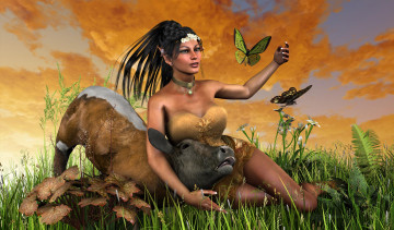 Картинка 3д+графика эльфы+ elves бабочки цветы фон взгляд эльфийка