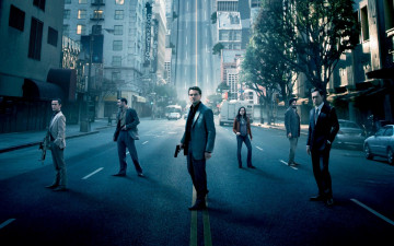 Картинка кино+фильмы inception машины улица здания актеры стоят город начало сон деревья