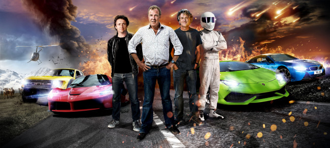 Обои картинки фото кино фильмы, top gear, ferrari, laferrari, 22, season, ford, f-150, top, gear, stig, supercars, bmw, i8, james, may, jeremy, clarkson, richard, hammond, lamborghini, huracan