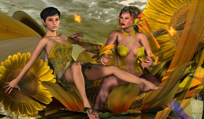 Обои картинки фото 3д графика, эльфы , elves, взгляд, эльфийки, фон, цветы