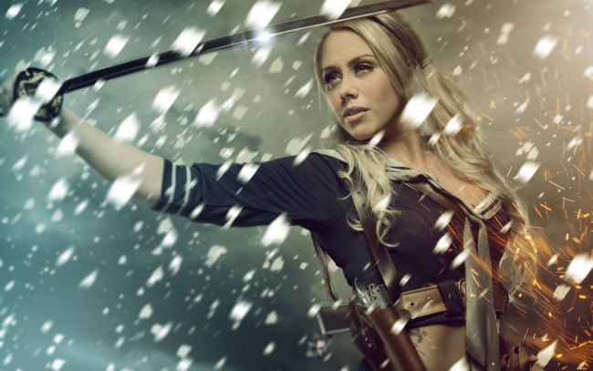 Обои картинки фото девушки, -unsort , креатив, куколка, девушка, запрещённый, приём, катана, кобура, пистолет, блондинка, sucker, punch, photoshop, косплей, cosplay