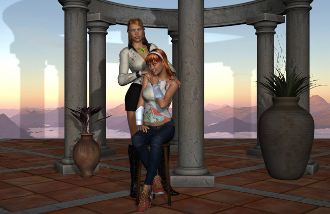 Обои картинки фото 3д графика, люди , people, арки, фон, взгляд, девушки