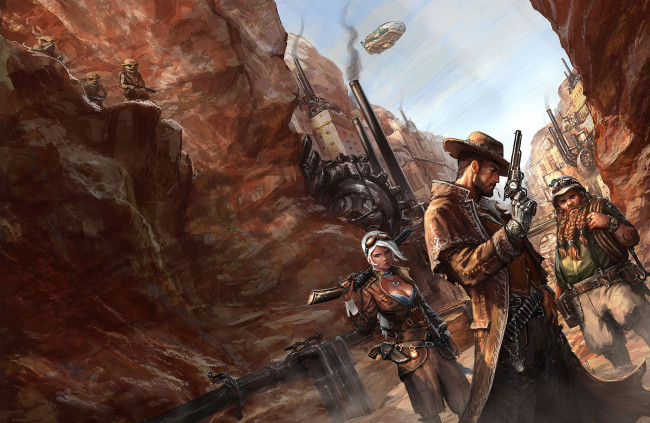 Обои картинки фото фэнтези, люди, ущелье, оружие, фон, взгляд, существа, мужчины, девушка