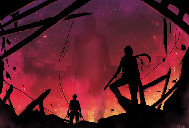 Обои картинки фото аниме, shingeki no kyojin, силуэты