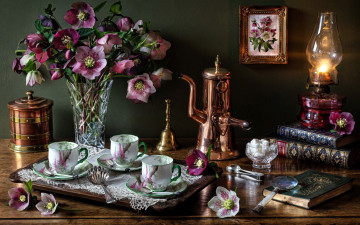 Картинка еда натюрморт геллеборус букет кофейник сахар лампа