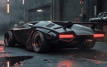 Картинка lamborghini+countach автомобили 3д черный здание дождь лужи