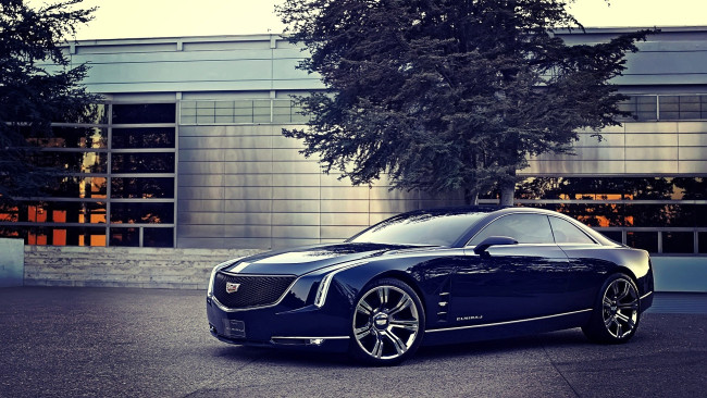 Обои картинки фото cadillac elmiraj, автомобили, cadillac, черный, парковка, деревья, здание