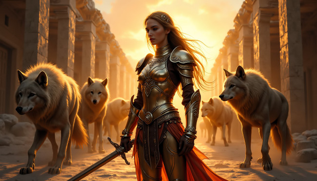 Обои картинки фото фэнтези, красавицы и чудовища, девушка, меч, латы, воительница, волки, стая, колонны