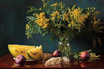 Картинка еда натюрморт сливы арбуз букет