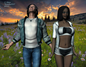 Картинка 3д графика romance луг парень девушка закат цветы дедевья