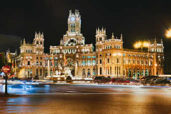 Картинка palacio de cibeles города мадрид испания ночь площадь дворец огни
