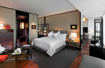 Картинка интерьер спальня лампы серый белый бежевый комната кровать столики дизайн стиль