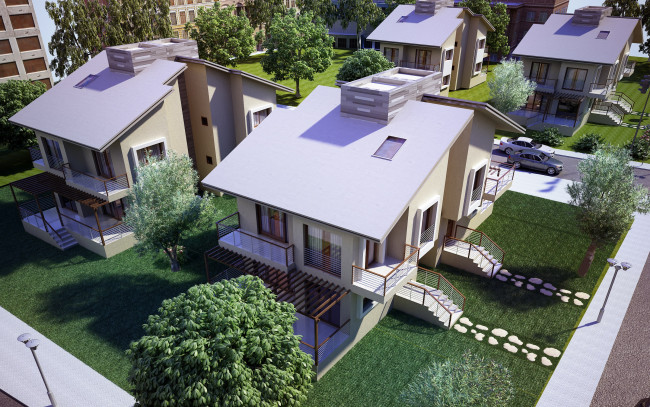 Обои картинки фото 3д, графика, architecture, архитектура, дома, тротуар, автомобили, деревья